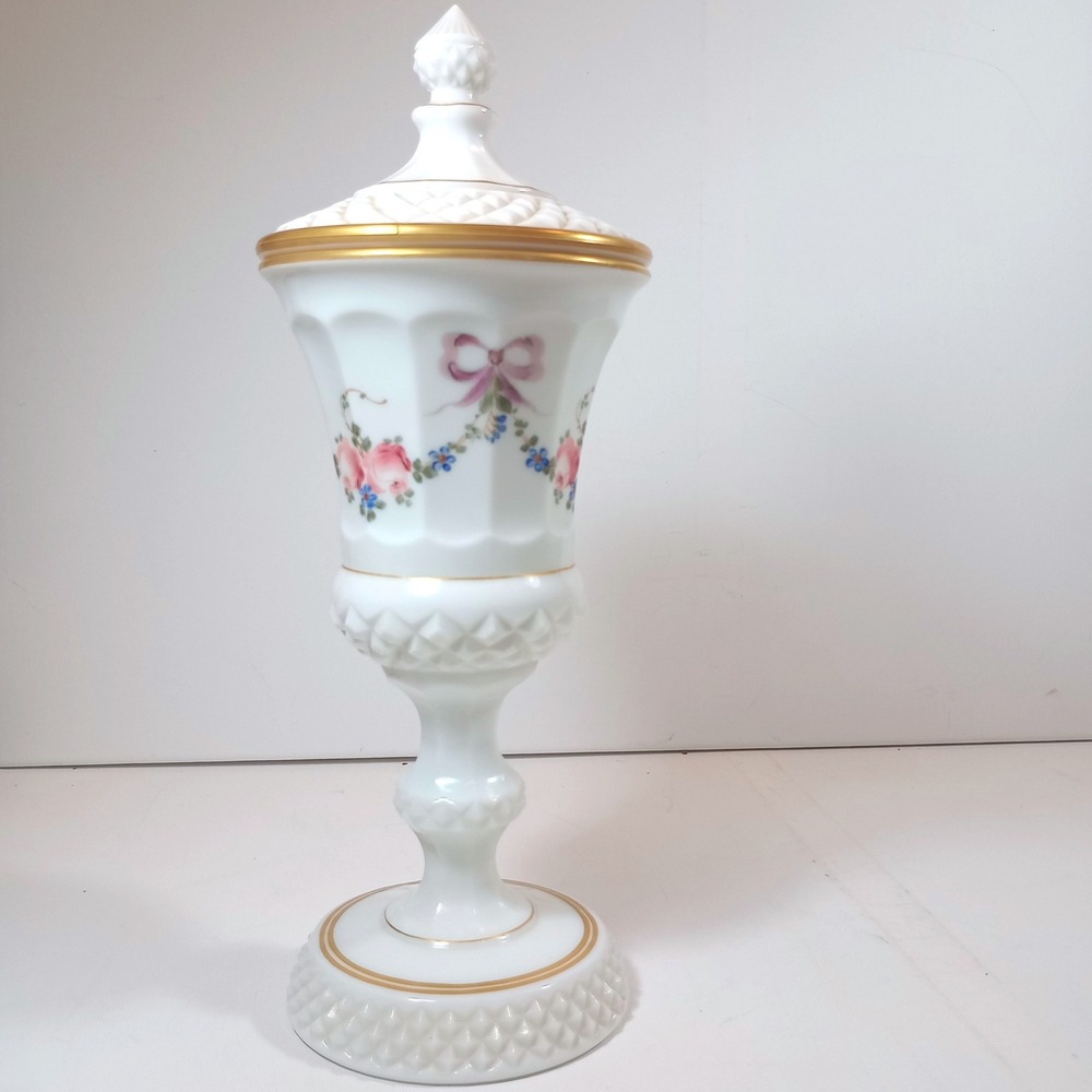 Vintage Fenton Pedestal Jar White Milk Glass Pink Rose Hand Painted Gold Trim